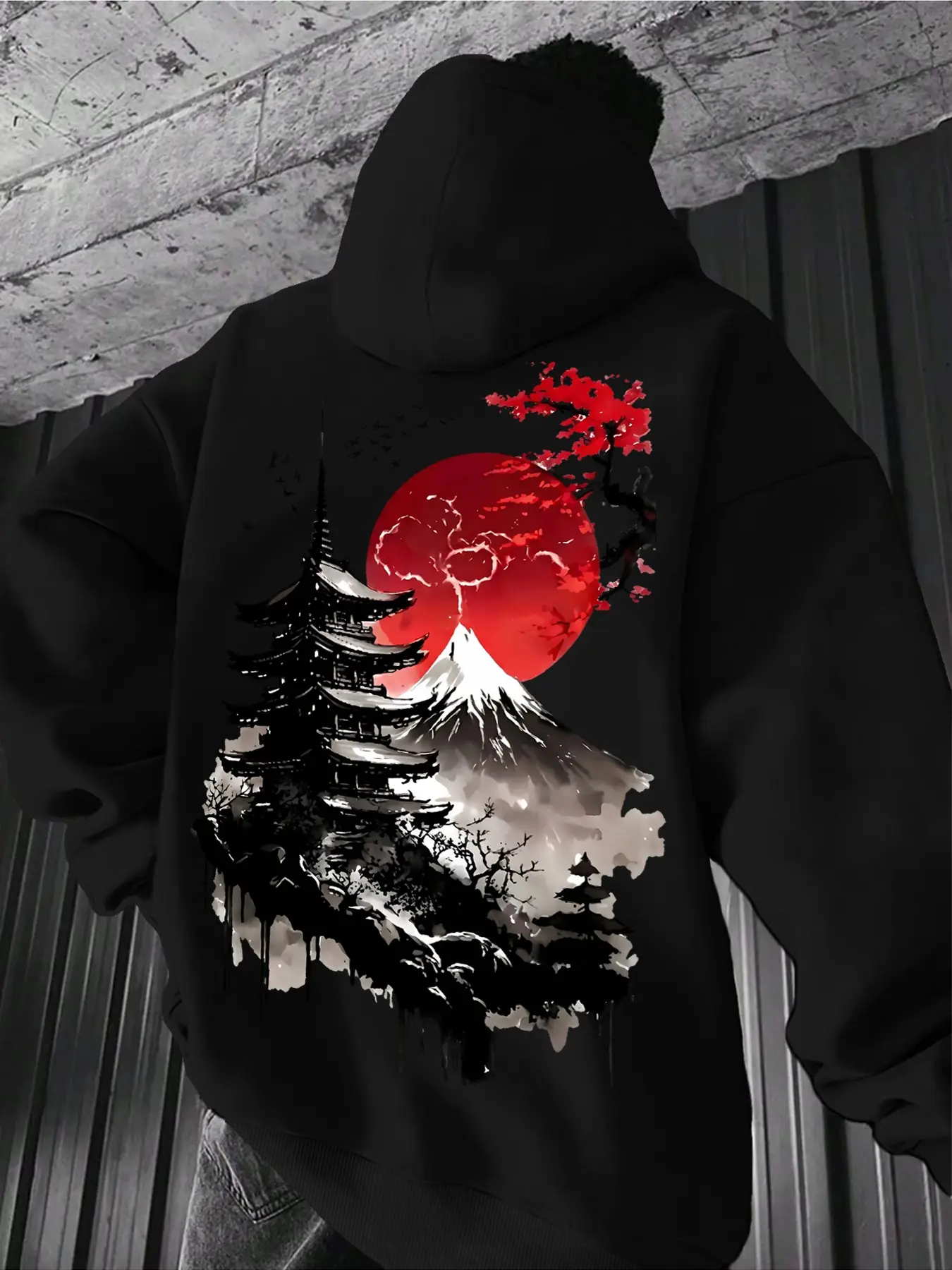 Men's Casual Sportswear Graphic Hoodie, Japanese Samurai Sword & Fuji Mountain Pattern, Versatile Design for Multiple Occasions, Unisex Sweatshirt, Artwork Sweatshirt
