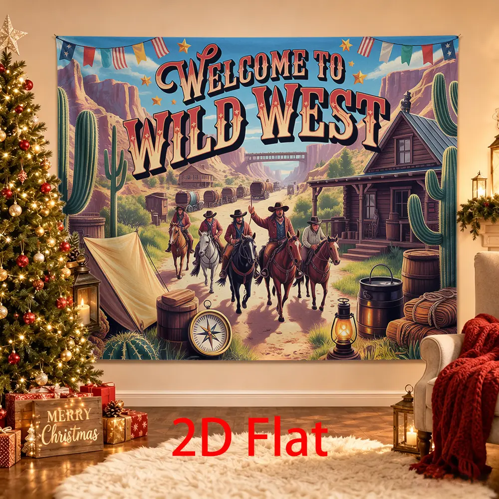 Wild West Cowboy Backdrop with Horses, Canyon, Cactus and Frontier Town