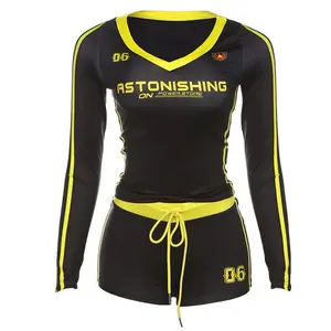 Astonishing Women's  Letter Print Long Sleeve Top & Tight Shorts Set Casual Sports V-Neck for Daily Outdoor Fitness Wear