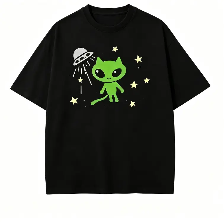 Green Alien Cat UFO Star Space Cotton Oversized T-Shirt, Fashion Comfort Cute Y2K Alien Outfit, Best Holiday Gift For Him Her Valentine Birthday Present For Family Friends Space Lover Casual Streetwear Tee