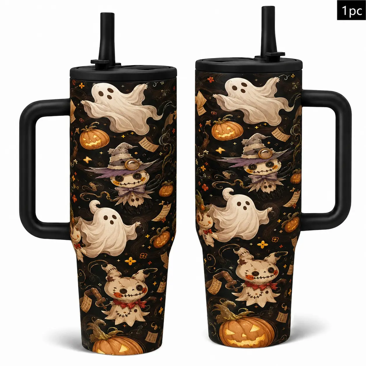 1PC 40oz Black Gold Spooky Ghost Pumpkin Scarecrow Pattern Insulated Tumbler with Handle & Lid, Double Wall Vacuum Leak-Proof Travel Mug, Hot 12H Cold 24H, Large Capacity Cup for Men Women Teens, Halloween Birthday Gift