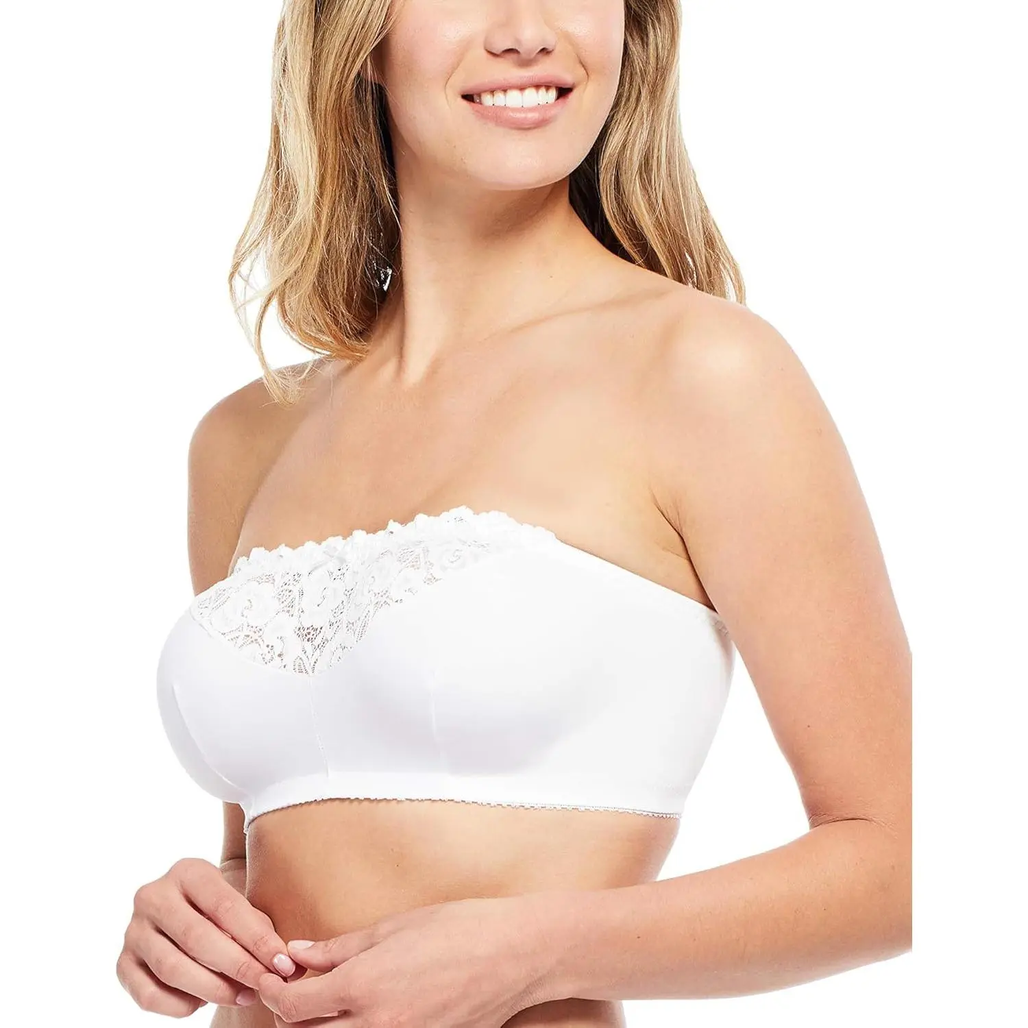 Women's Strapless Bandeau Bra, Feminine Floral Lace with Spandex Stretch, Wireless & Unpadded, Comfortably Fits B-D Cups from Small to Plus Size, Lingerie, Dress, Outfits, Nylon, Off Shoulder, Low To Medium, No Padding, Pull On, High Stretch, Shirred