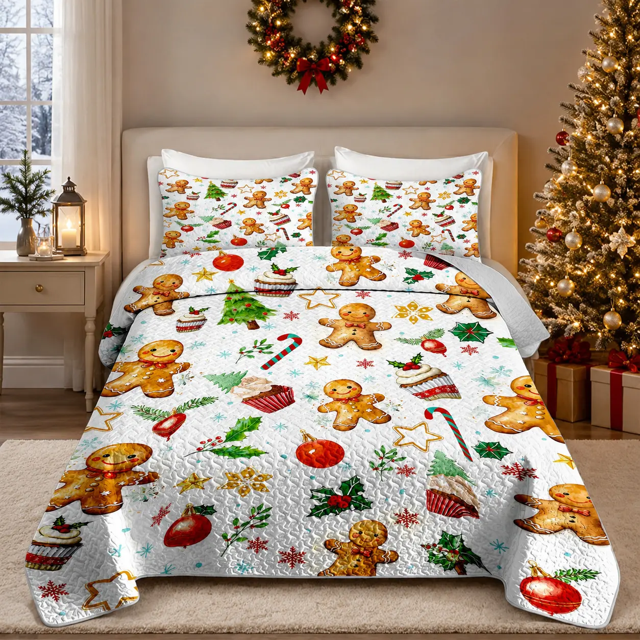 [Back to School] 3-Piece Christmas Gingerbread & Christmas Tree Quilt Set, Festive Printed Bedspread with 2 Pillow Shams, Soft Lightweight Wrinkle-Resistant Breathable Fade-Resistant All-Season Bedding for Queen/King Beds, Christmas Bedroom Decor