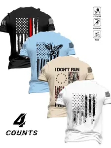 4-Pack American Flag Eagle Gun Slogan T-Shirts, Patriotic Retro Street Style, Breathable Multicolor, Men's Fitness Outdoor Set