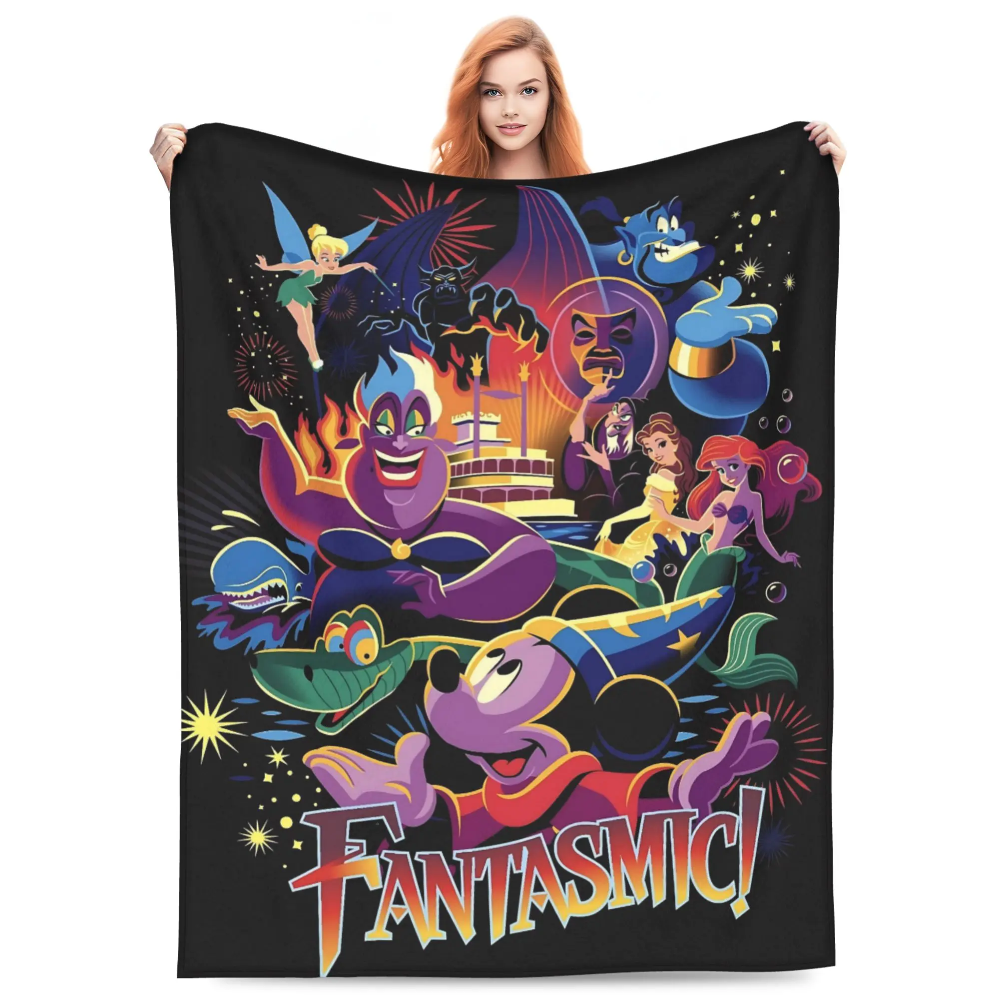 DISNEY CLASSIC Fantasmic Disney Show Throw Blanket, Sorcerer Mickey Ursula Ariel Tinker Bell Genie Fireworks Riverboat Black Background Flannel Fleece Blanket, vibrant park souvenir blanket for Disney fans and theme park lovers.