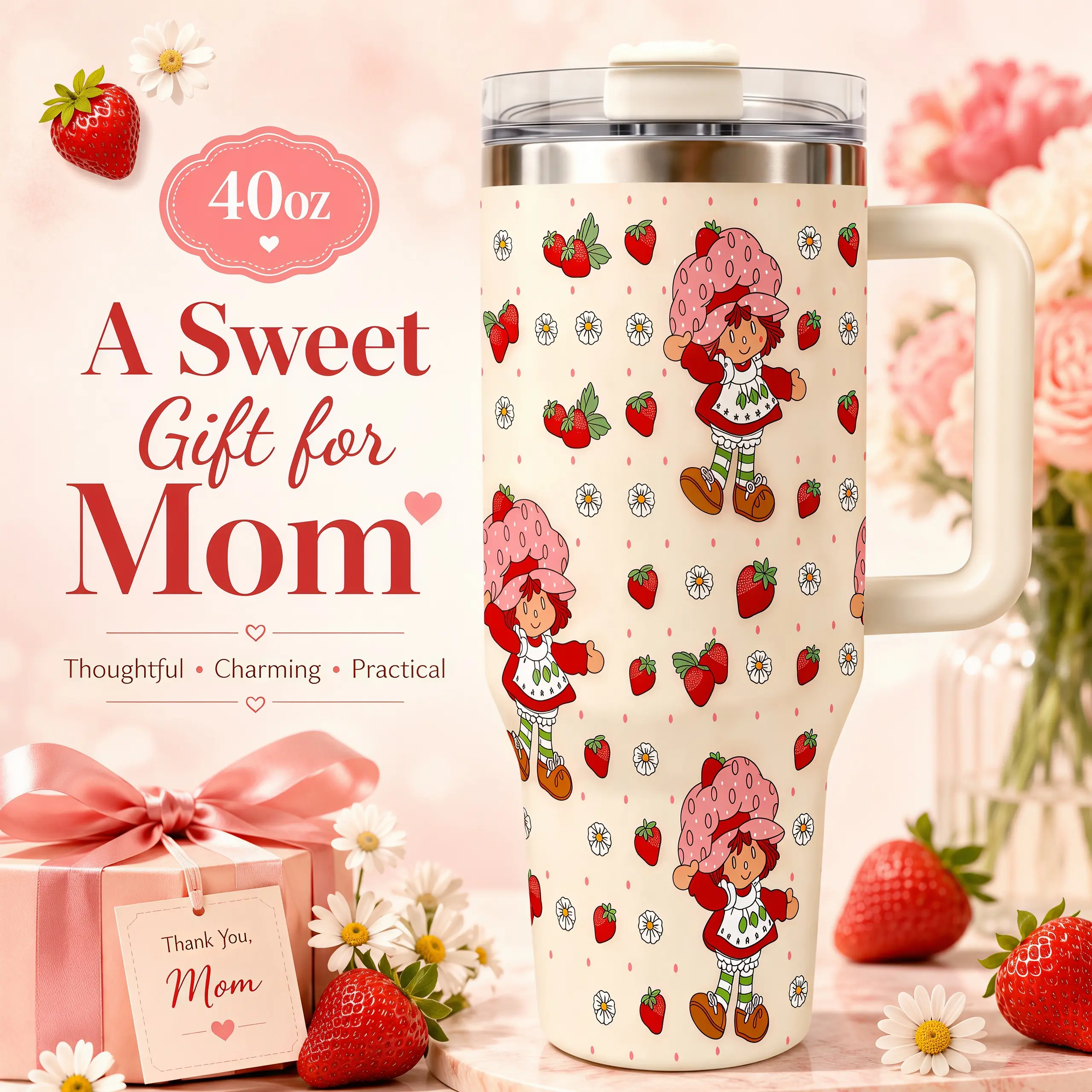 40oz Retro Strawberry Polka Dot-Patchwork Insulated Stainless Steel Tumbler with Handle and Lid, Cottagecore Animal & Plant-Themed Travel Drinkware, Gift for Women & Mom, Thermal, Flasks