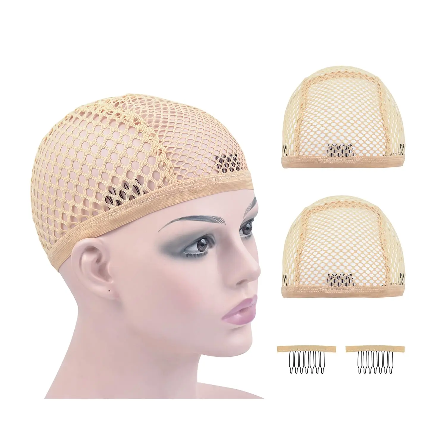 Mesh Wig Caps Crochet Wig Caps with Combs for Making Wigs ( Beige 2 count )