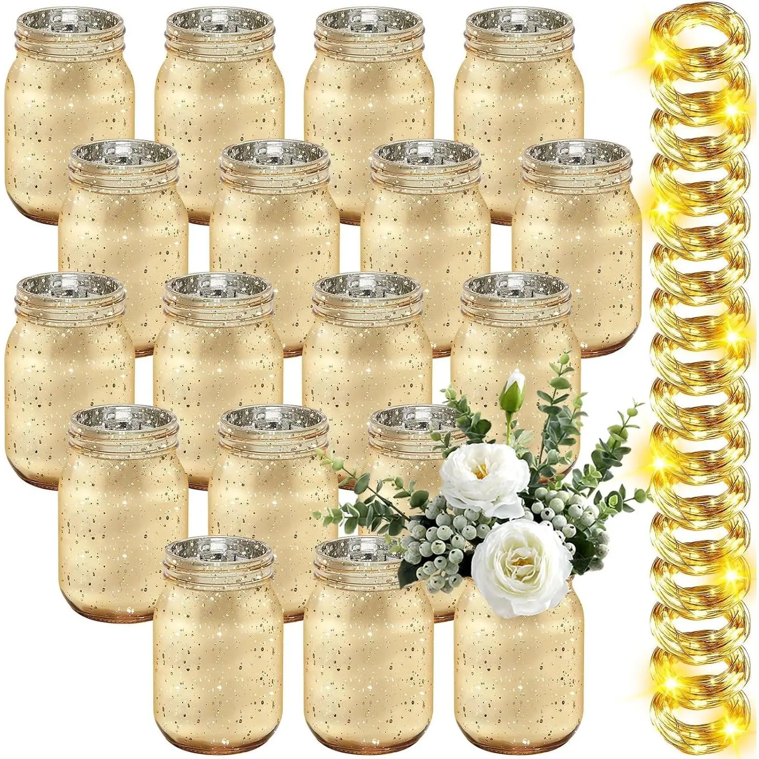 Tioncy 12 Sets Gold Decorative Mason Jars with Lights for Table Centerpiece