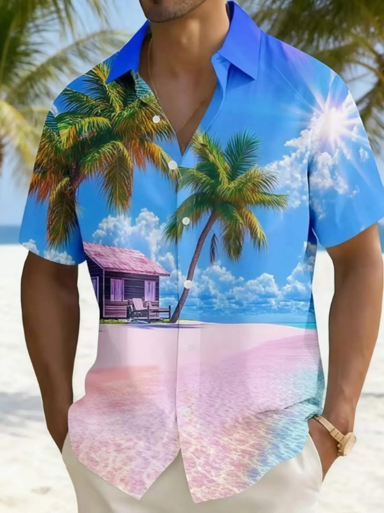 Men's Coconut Tree Tropical Beach Print Casual Shirt, Short Sleeve Loose Fit Summer Vacation Style, All over Print Hawaiian Fashion Tee