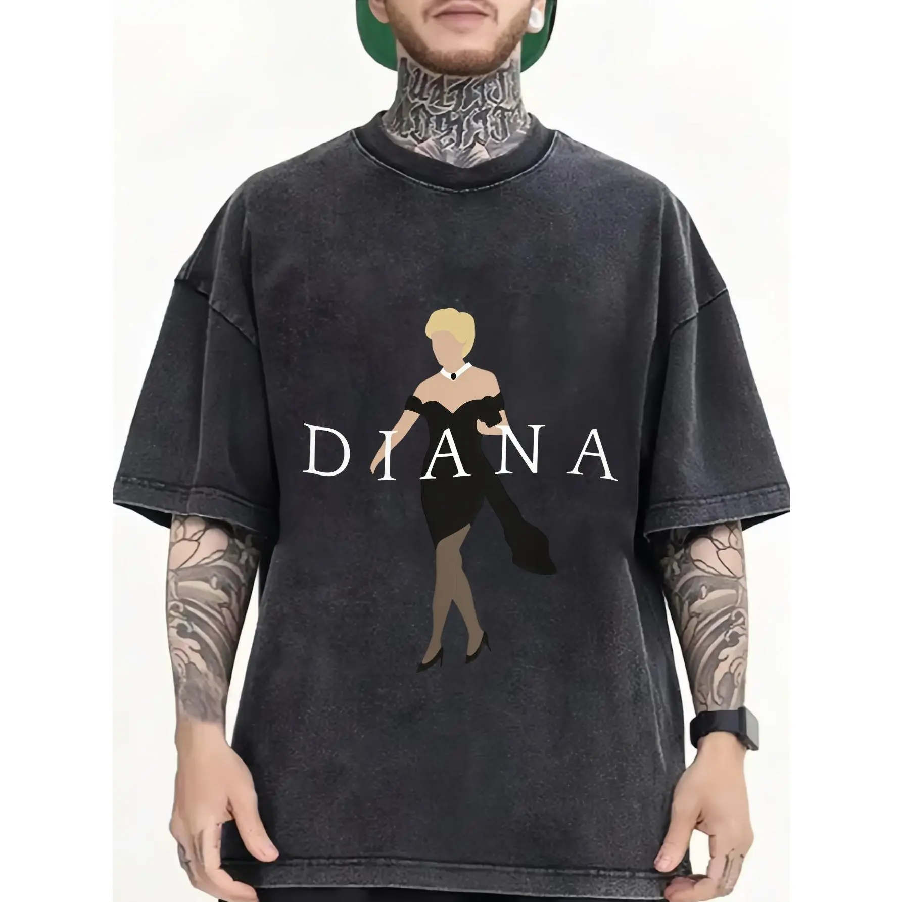 Washed Vintage Shirts Humor Graphic Tee Men's Summer T Shirts Diana Princess Lady Di Black Dress Silhouette Retro Print Short Sleeve Crew Neck Slight Stretch Regular Fit Casual Pullover Streetwear Tops Machine Wash Spring Summer Fall Mens Daily Tops