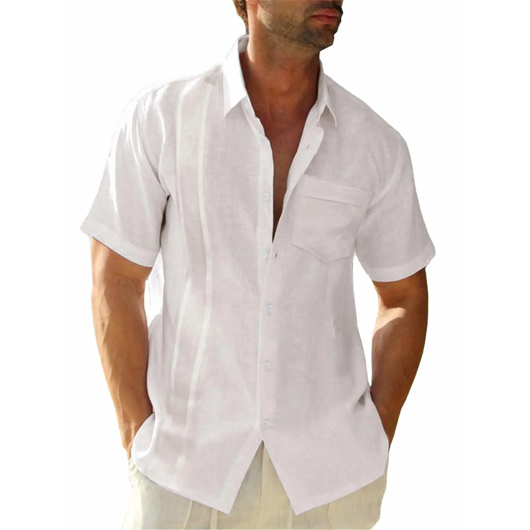 Men's Classic Cuban Guayabera Shirt - Short-Sleeve Embroidered Button-Down, Soft Lightweight Cotton-Linen Tropical Casual Stylish Clothes for Beach Weddings, Low Iron