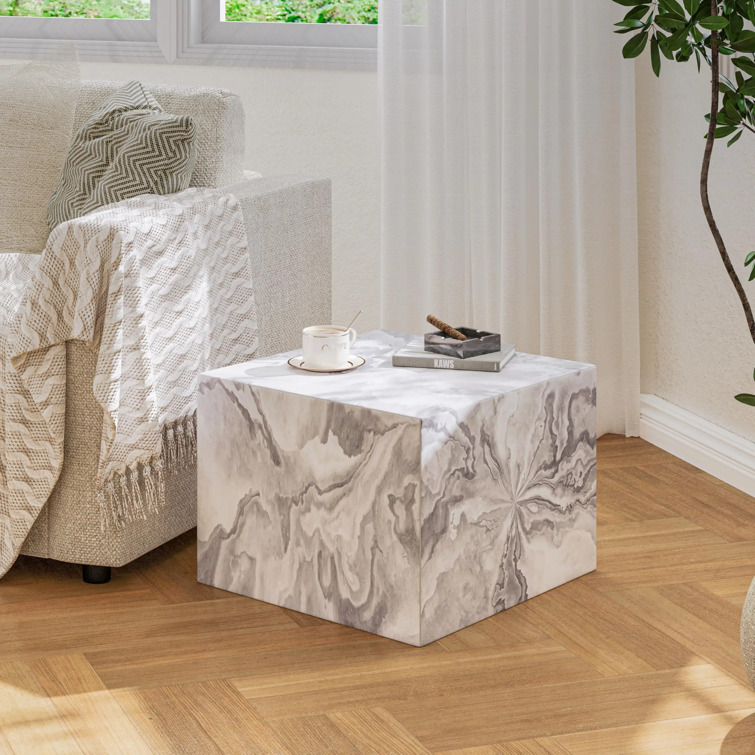 Modern Decor Cube Ottoman Stool, Thick Sponge Filled Square Floor Pouf, Multi-Use Footrest & Mini Side Table, Unique Print Design Accent Furniture for Home Living Space