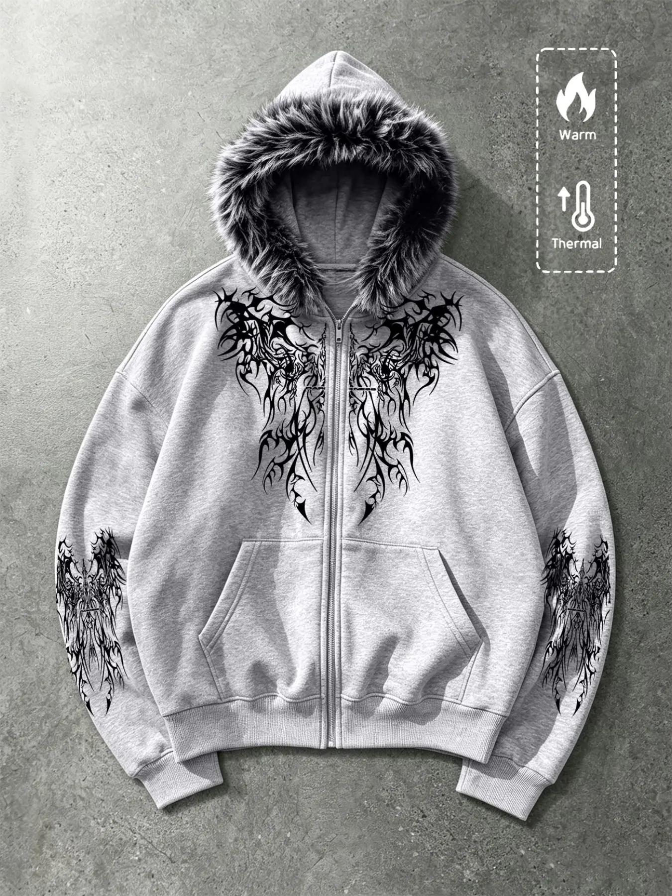 Men's Fur Collar Zipper Hoodie, Casual Loose Zipper, Oversize Style, Gothic Thorn Devil Print, Thick Warm Outerwear, Easy Pull-On Design
