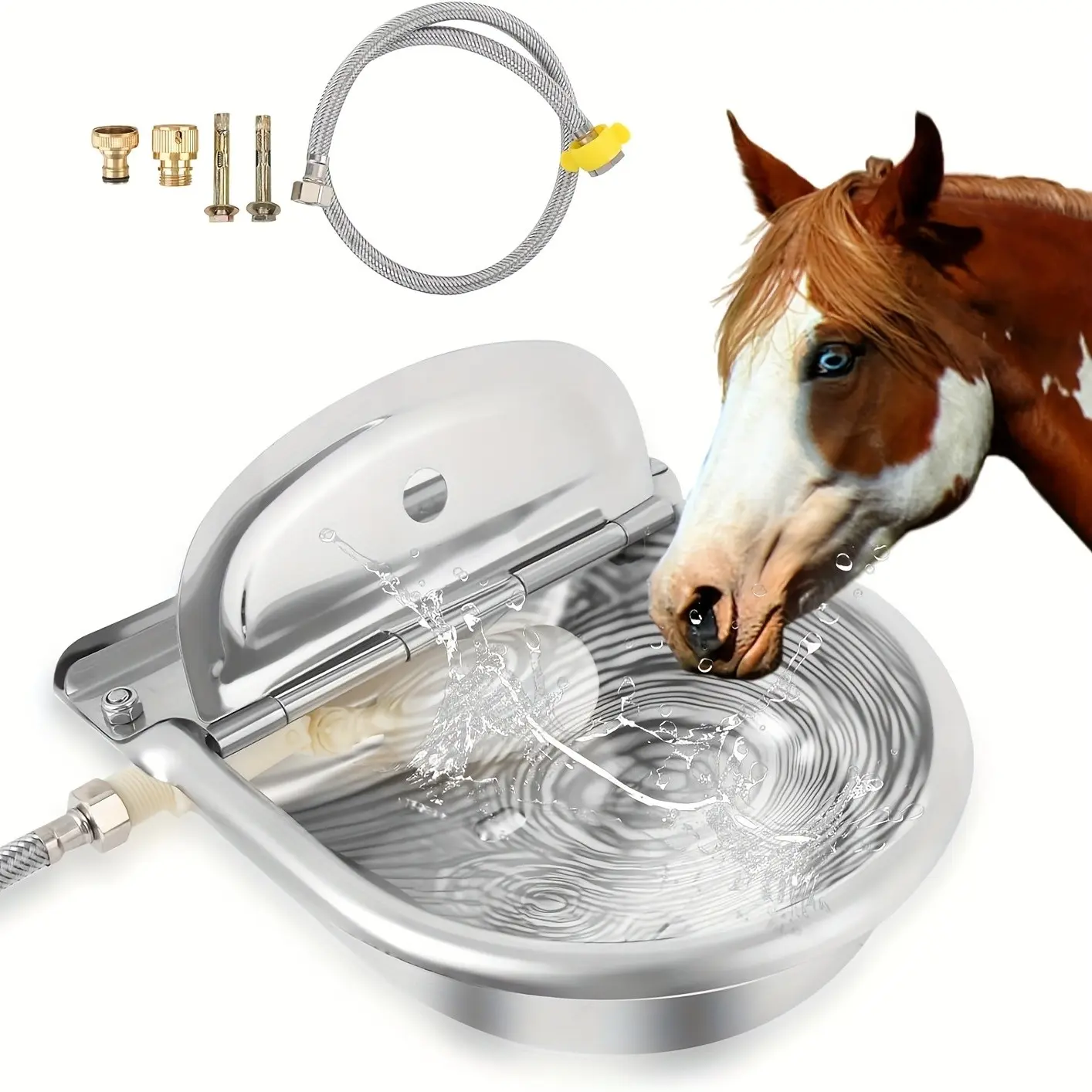 Automatic Animal Drinking Water Bowl, 304 Stainless Steel Livestock Water Trough Dispenser Kit with Bowl, Pipe, 1 Valves, Quick Connector, Expansion Bolt for Cow Horse Goat Pig, Automatic Waterer for Cattle, Automatic Water Bowl