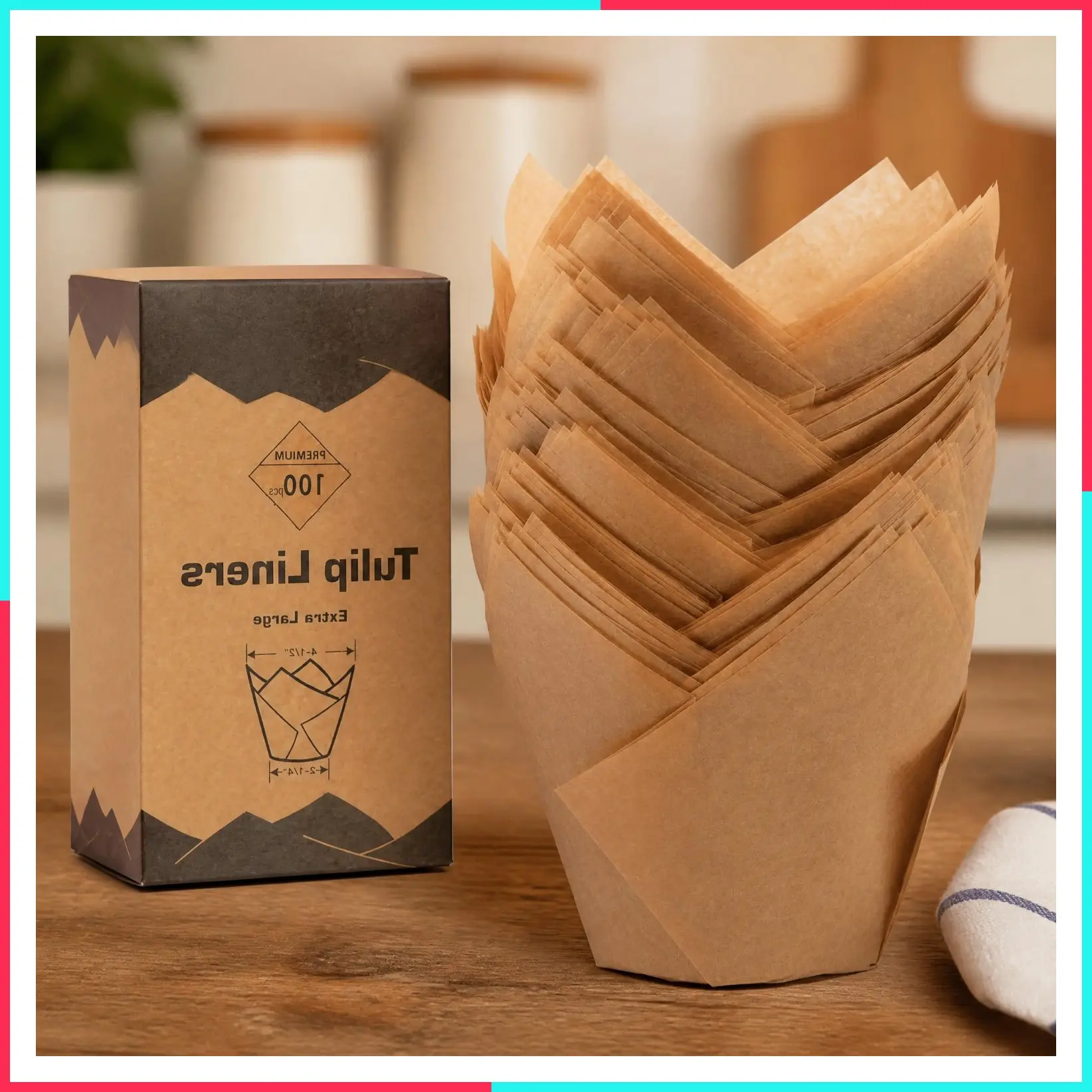 100 Pack Extra Large Natural Tulip Cupcake Baking Liners