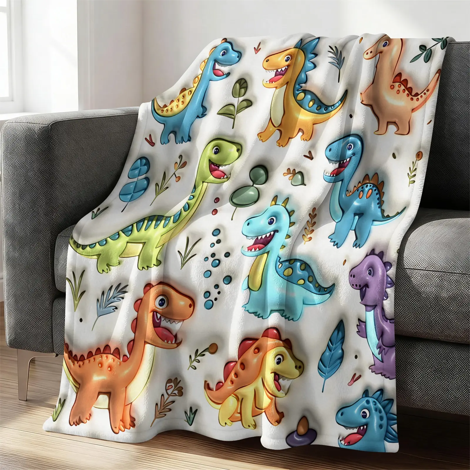 Super Soft Cartoon Dinosaur Fleece Throw Blanket, Multicolor Cute Dino Plant Leaf Print Lightweight All Season Warm Blanket, Sofa Bed Couch Nap Blanket, Kids Boys Girls Dinosaur Themed Bedroom Decor Blanket