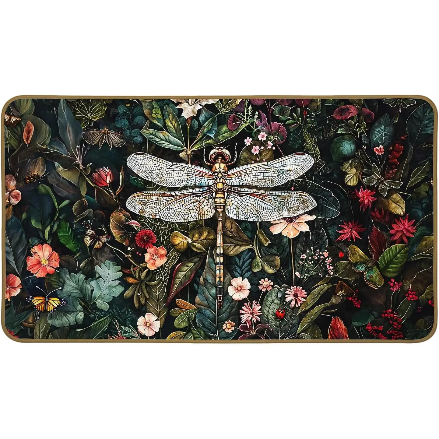 Moody Dragonfly Floral Doormat, Dark Cottagecore Botanical Door Mat Outdoor Indoor Entrance, Retro Colorful Dragonfly Welcome Doormats Home Decor for Outdoor Entrance Home