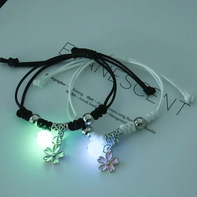 2Pcs Luminous Charm Couple Braided Bracelets With Classic Black And White Tone, Freely Adjustable Sturdy Alloy Wrist Rope Equipped With Assorted Pendant Styles That Glow Brightly In Dark Spaces To Build Sweet Romantic Vibe