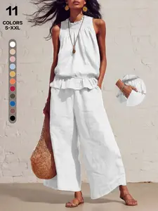 Sleeveless Lettuce-Edge Top and Wide-Leg Pants Set, Casual Two-Piece, Everyday, Linen-Like Texture, 11 Colors, Sizes S–xxl, Clothes