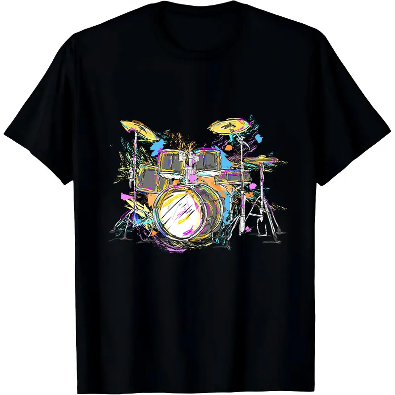 Men's Streetwear Graphic T-Shirt with Colorful Graffiti Drum Set Print, a Casual Round Neck Short Sleeve Style for All Seasons