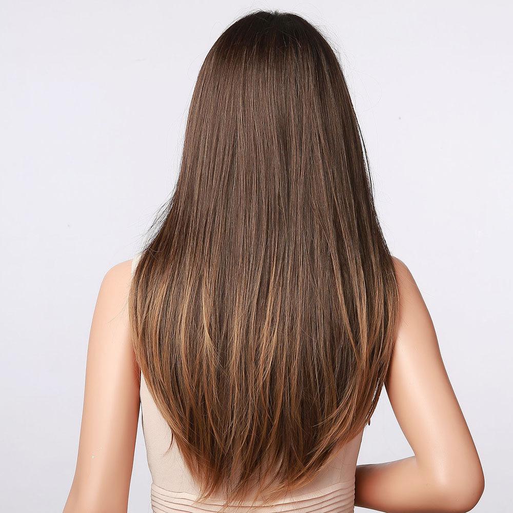 Latest Gray Ombre Straight Hair Wig with Front Fringe High Temperature Synthetic Fiber Easy to Put On Glueless Ventilated European and American Fashion Hair Topper