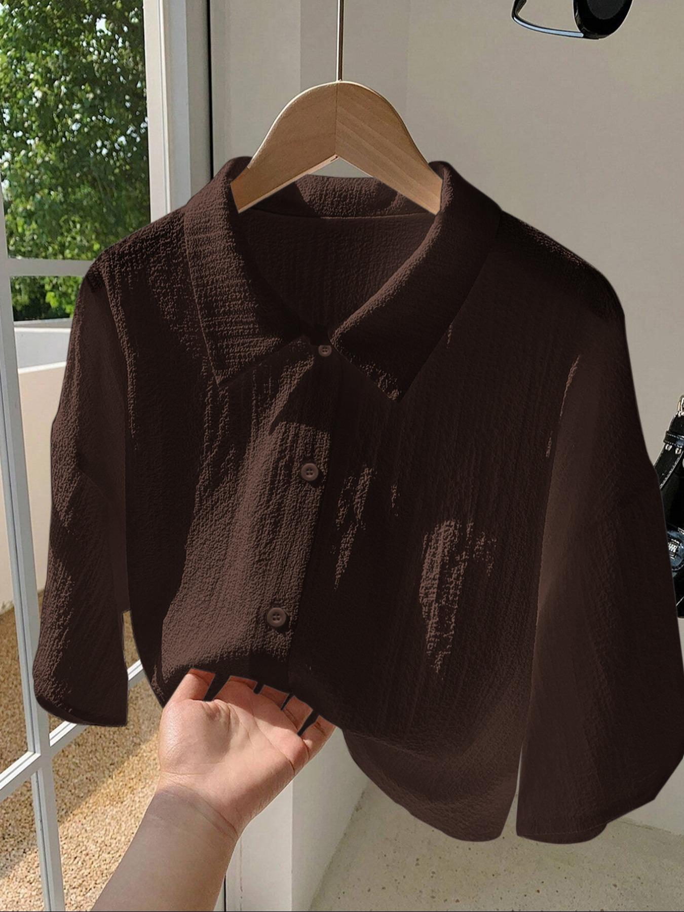 Women's Solid Color Shirt, Casual Button Front Top for Summer, Women's Clothing for Daily Wear