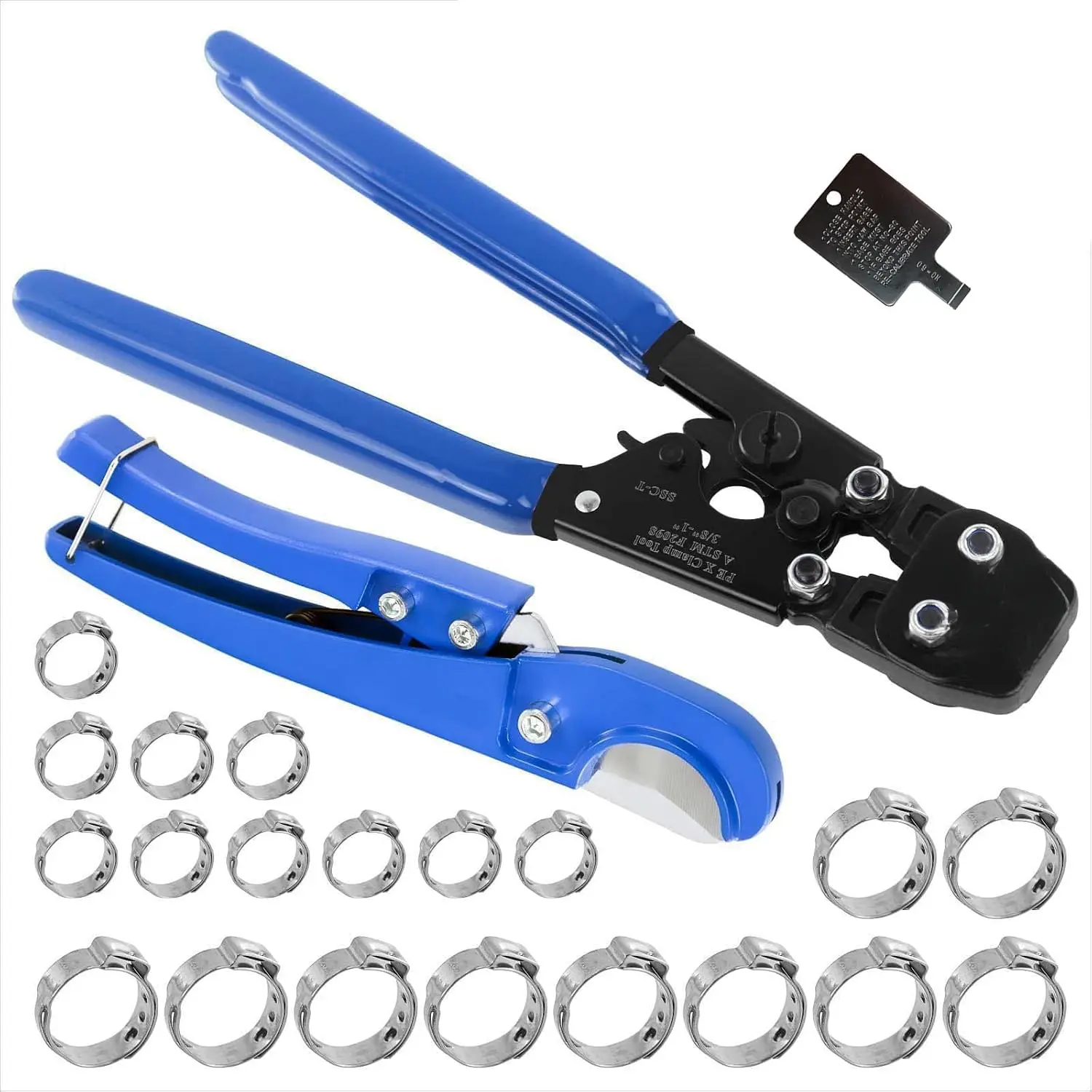 Pipe Clamp Cinch Tool Crimping Tool Crimper for Stainless Steel Clamps from 3/8-inch to 1-inch with 1/2-inch 10PCS and 3/4-inch 10PCS SS Clamps,with Pipe Cutter