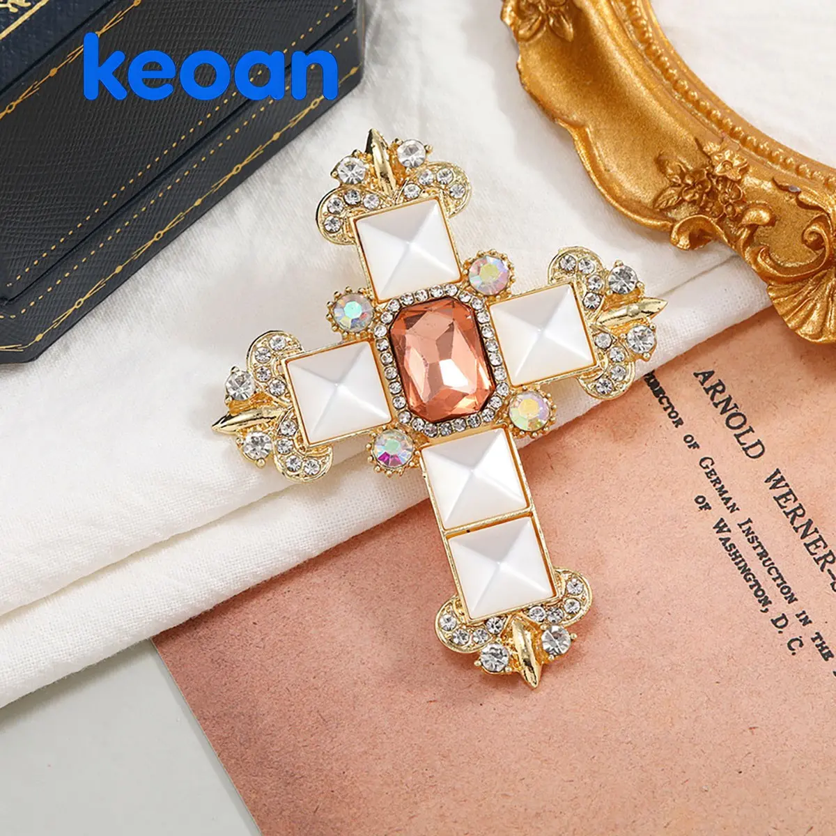 Vintage Baroque Cross Brooch With Champagne Rhinestone & Imitation Pearl Inlay, Gold Tone Religious Crystal Lapel Pin, Gothic Retro Clothing Suit Decor Jewelry Gift For Women