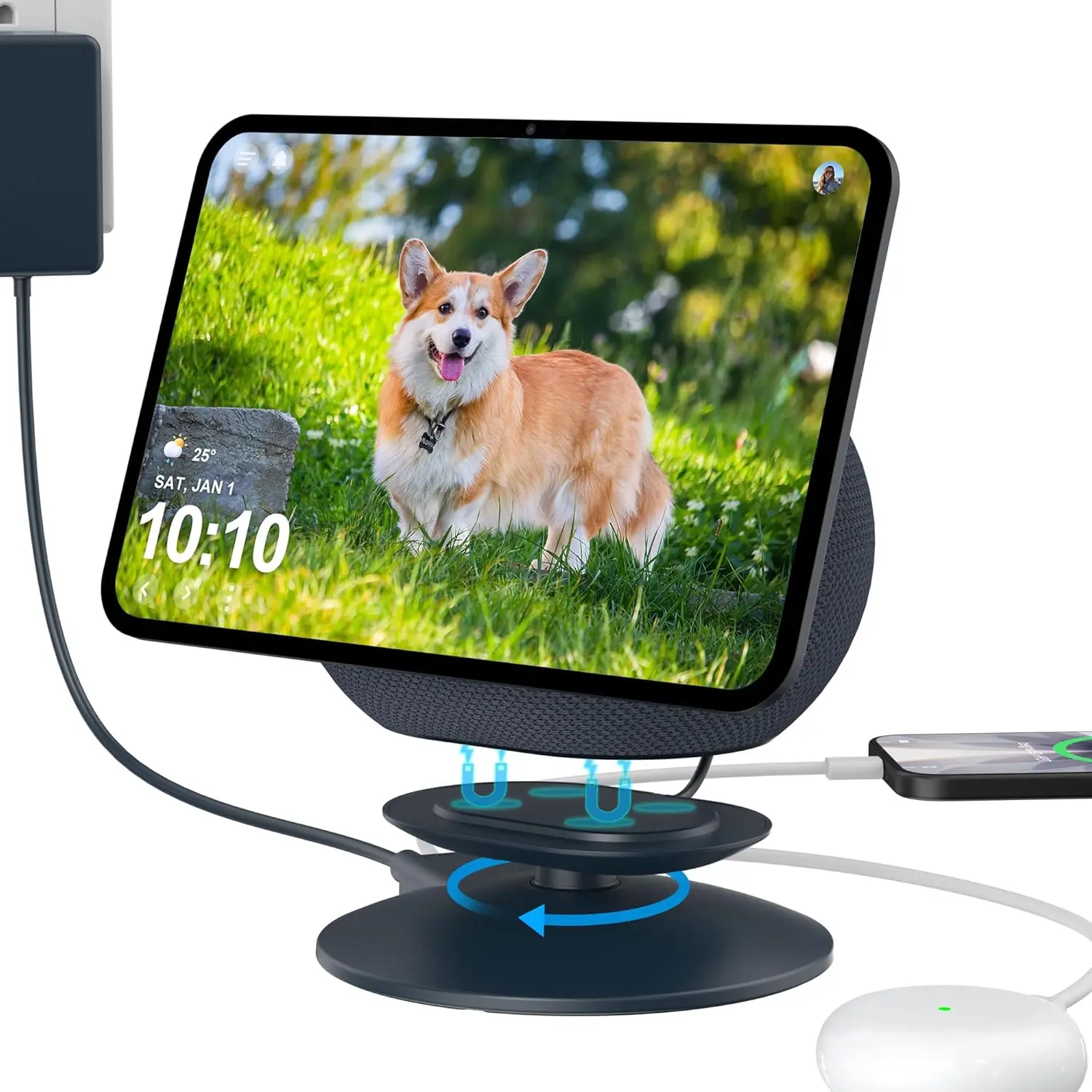 PlAcc Stand for Show 11 & Show 8 (2025 Release) & for iPhone Models Swivel Tilt Holder with 2 Charging Ports, Desktop Base for Charge Cellphones and Earbuds (Graphite)