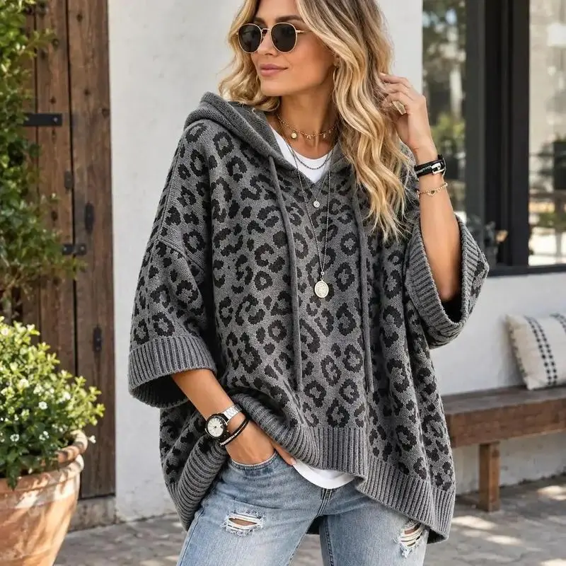 Women's Baggy Leopard Print Hooded Knit Sweatshirt, 3/4 Sleeve Drawstring Pullover, Retro Casual Vibe Style Fall Winter Streetwear Top