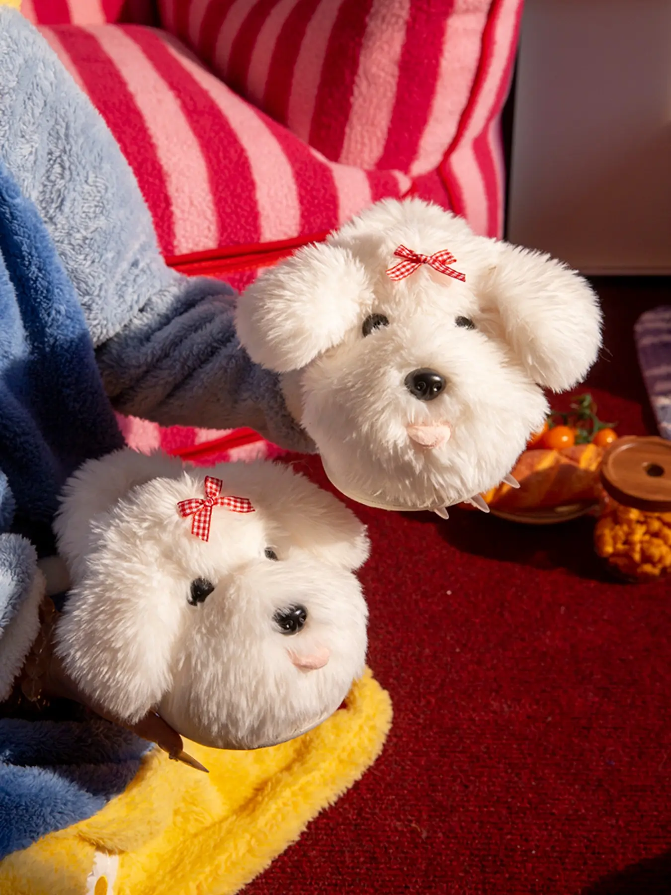 Maltese Dog Plush Slippers for Women & Men, Cute Bow & Minimal No-Bow Designs, Faux Lambswool Soft Warm Non-Slip House Shoes