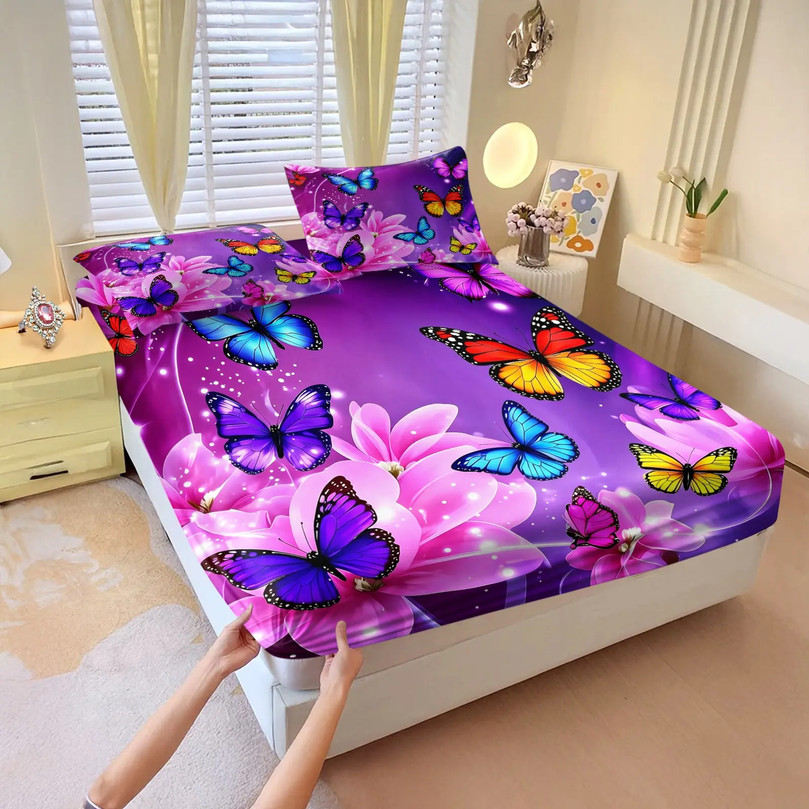 3Pcs Neon Iridescent Butterfly Fitted Sheet Set, multi rainbow jellyfish floral prints, stretch full mattress fit, bedding for teen girls & student dorm