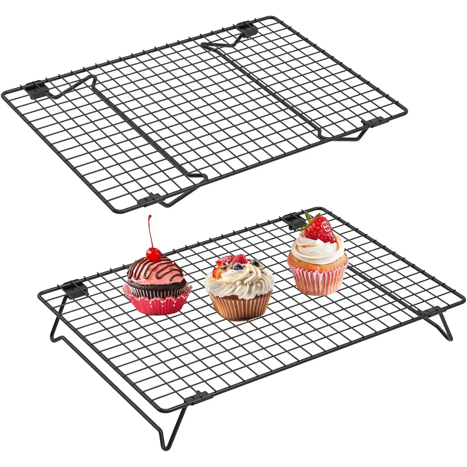 2 Pack Cooling Racks for Cooking and Baking, 13.4 x 9.4 Inch 2-Tier Stackable Tall Baking Racks, Carbon Steel Roasting Wire Rack for Baking, Oven Cooking, Grilling Making Jerky (Black, 13.4“ x 9.4”)