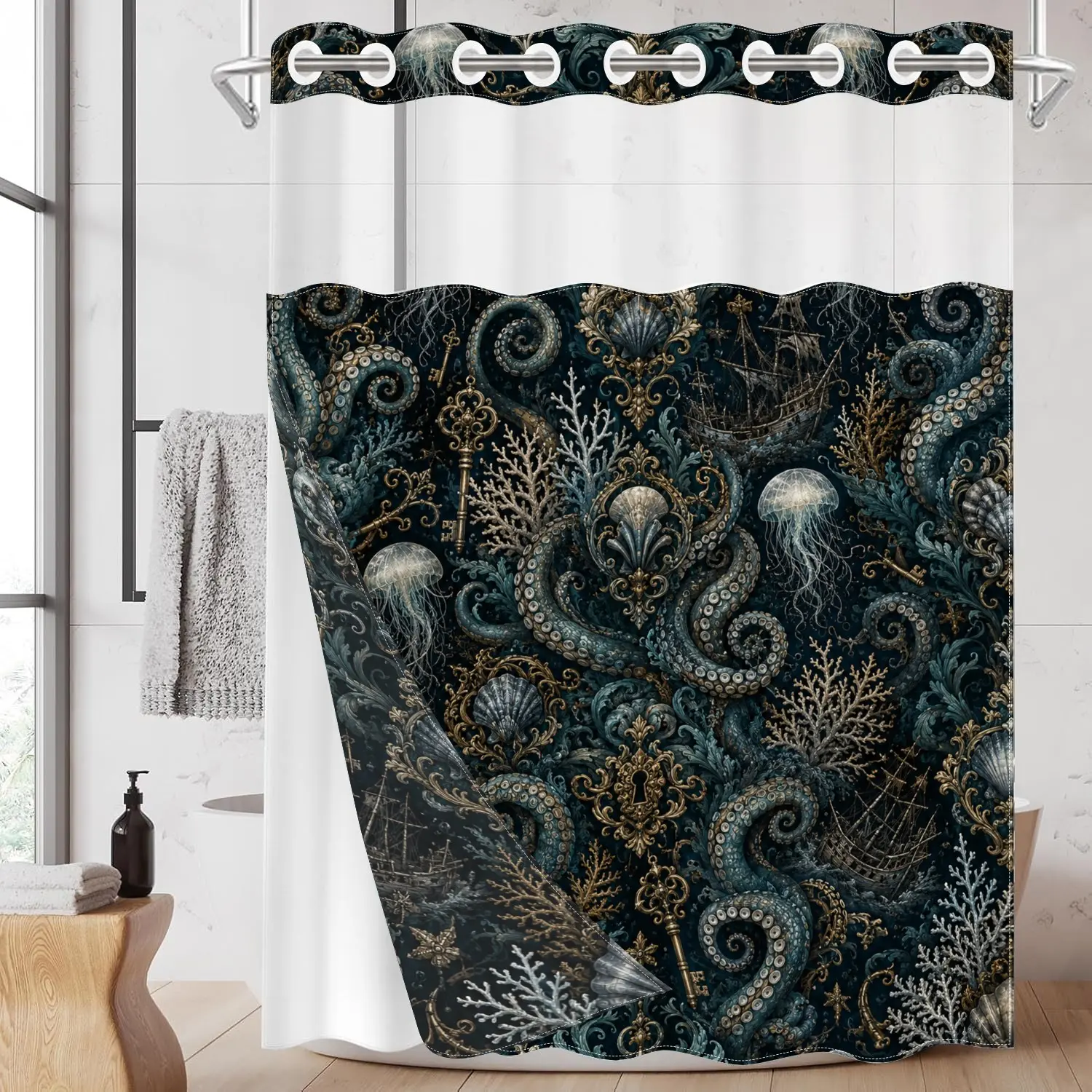 1 Pack Hookless Shower Curtain Set, Dark Ocean Octopus Jellyfish Shipwreck Gothic Style, Snap-in Liner, Mesh Top Window, Waterproof Washable, For Unique Bathroom Decor