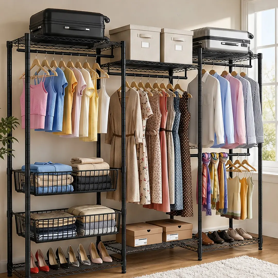 ARCH Sturdy Multifunctional No-Paint Heavy-Duty Steel Clothes Rack - Freestanding Casual Indoor Furniture with 4 Hanging Rods, 2 Wire Baskets, 6 Shelves, Adjustable Height, 68.5"W x17.1"D x76.4"H, Easy Installation, Shoe Box-Fit for Bedroom Closet Storage