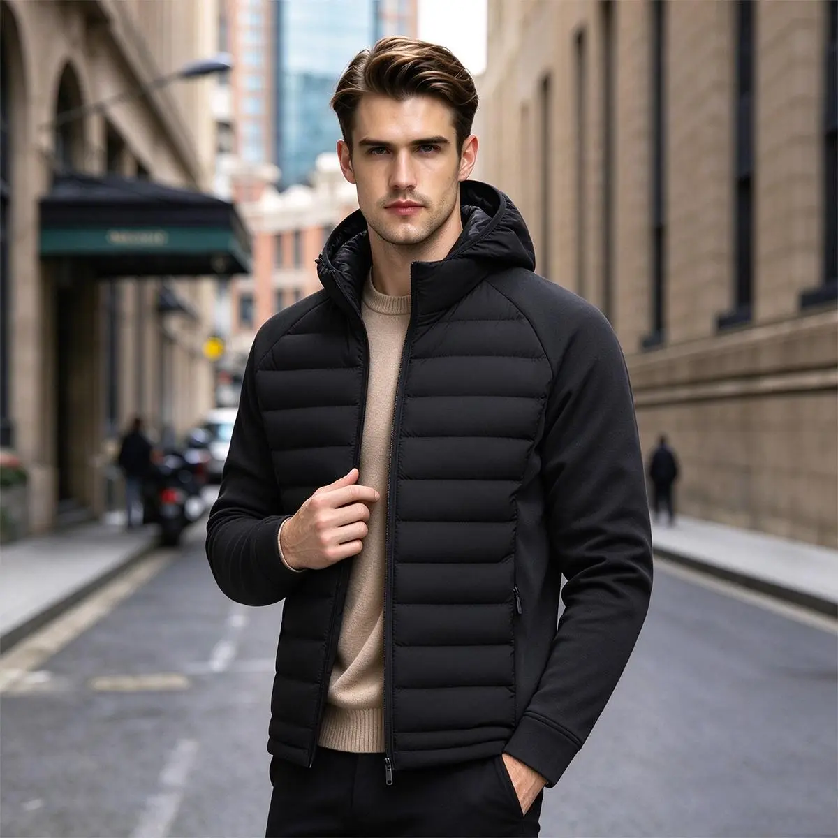 Men Hooded Hybrid Puffer Jacket, Full Zip Warm Winter Coat, Quilted Front Knit Sleeve Outerwear, Windproof Casual Insulated Jacket, Daily Commute Street Outfit, Solid Color Lightweight Tops For Fall Winter