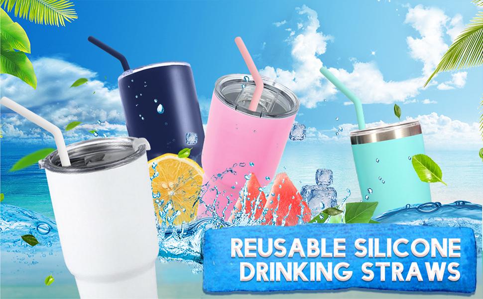 Reusable Bendable Tasteless Silicone Drinking Straws - 12-Count 9.6in BPA-Free Durable Set for Family Party, Office Use, Outdoor Picnics, Tumblers, with Travel Case, 2 Cleaning Tools for 20oz,30oz Tumblers, Cleaning Tool, 30 Oz