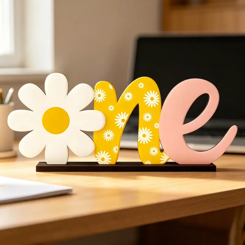 1pc Daisy Funky One-Word Logo Wooden Table Centerpiece - Recycled Artificial Wood Floral Decor for First Birthday Milestones, Summer Parties, Cake & Photo Props, No Electricity Needed