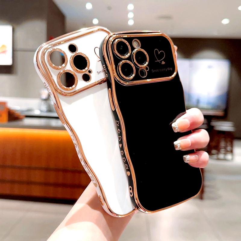 OREKROY [FreeShip] Cute Wave Shape with Love Heart Raised Camera Protection Phone case For iPhone 16 15 14 13 1211 Pro Max Accessories Durable Silicone Shiny Silicone Shiny Wavy
