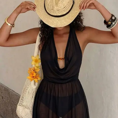 Fashion Sexy Women's Bikini Cover-Up Dress, Bikini Coverup, Halter Backless Design, Sleeveless Loose-Fit, Summer Beach Resort Wear, Beachwear Cover Up, Swimsuit Coverups, Trendy Sandals