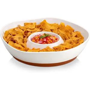Ceramic Chips and Dip Serving Tray, 12 Inch Large Divided Bowls Set for Salsa, Veggies & Dip, Appetizers, Snacks, Free-Form Serving Dish Platter for Parties Hosting & Entertaining, White