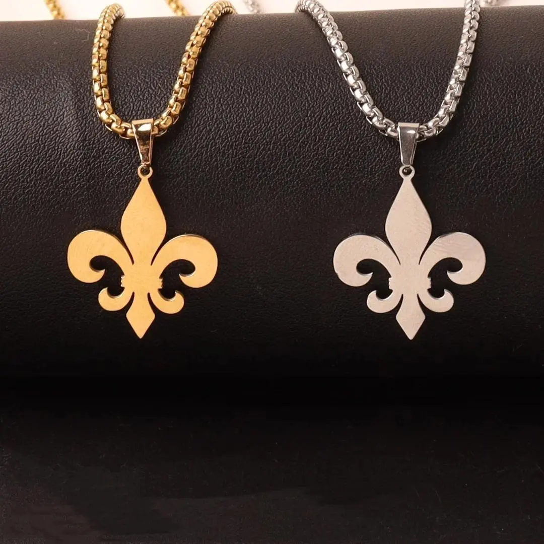 Women's Stainless Steel Fleur De Lis Lily Motif Pendant Necklace - Catholic, French Royalty Inspired Costume Jewelry for Fashion Accessories Enthusiasts, Female Wear, All Seasons, Saint Nicholas