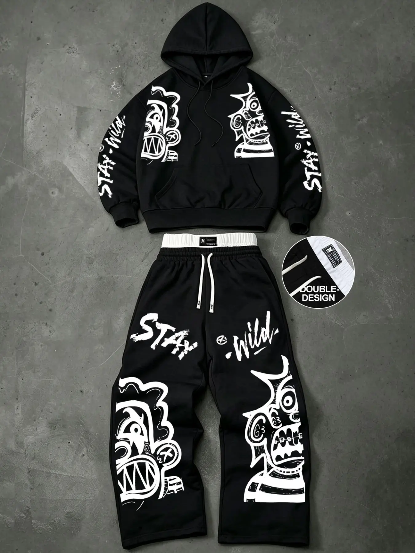 Y2K Streetwear Oversized Hoodie and Sweatpants Set - Graphic Monster Graffiti Two Piece Tracksuit with Double Waistband Design for Autumn Casual Wear
