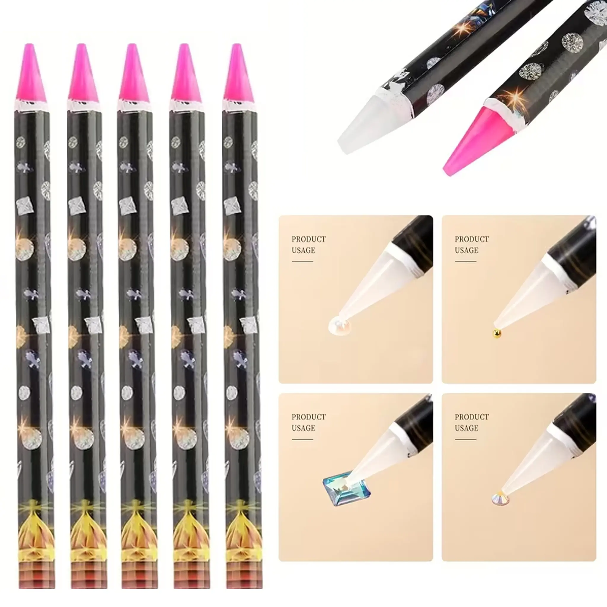 5pcs Pink White Crayon Wax Nail Art Rhinestone Picker Pen for Picking Up And Removing Crystal, Rhinestone, Gem, Jewelry Sticker Dotting Pencil Pen Nail Art Supplies Nail Dotting Tools