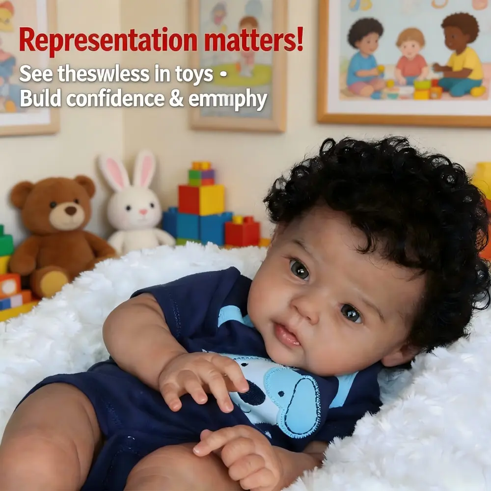 20-Inch Realistic Reborn Baby Doll, Lifelike Newborn Boy Doll, Curly Hair, Dark Skin, Soft Vinyl, Blue Dog Pattern, Gift for Kids Aged 3+