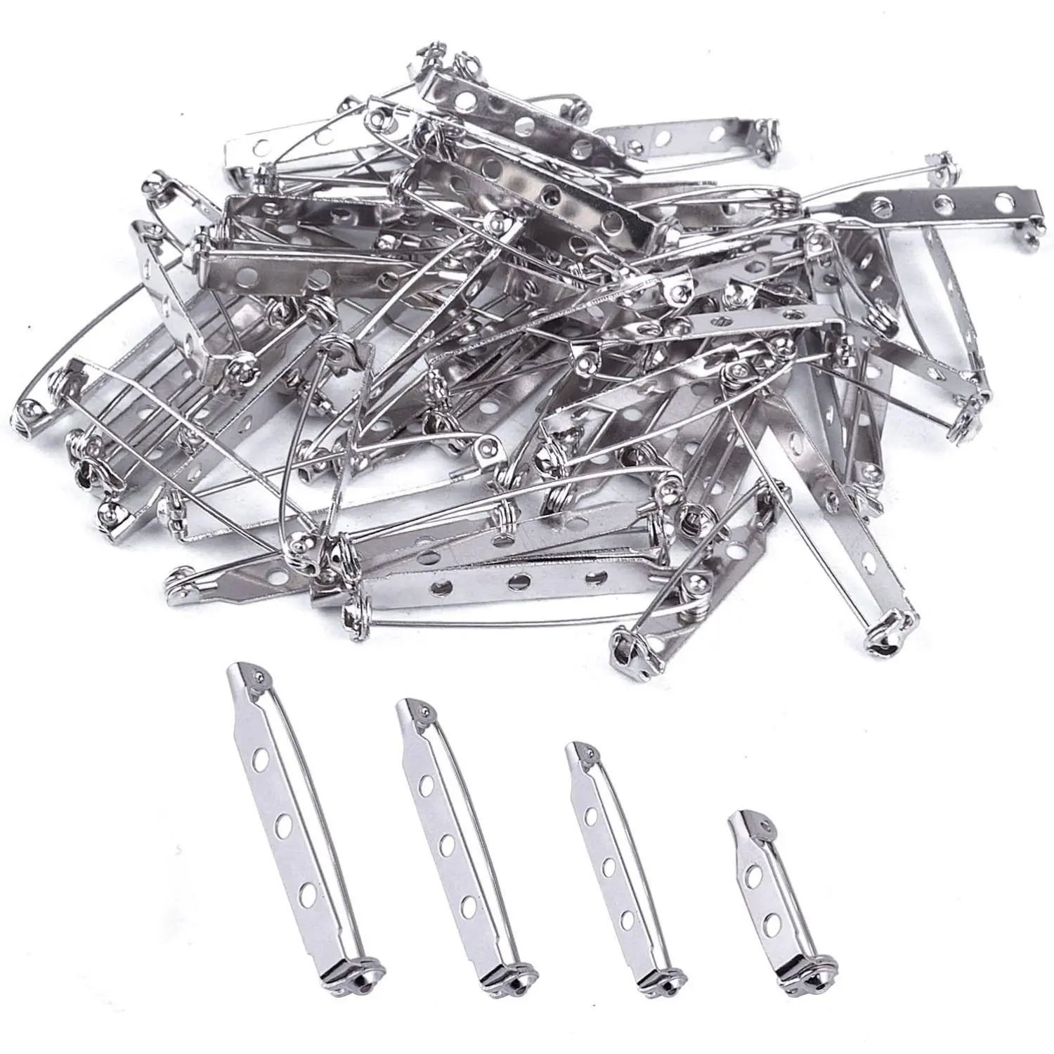 120pcs Bar Pins Brooch Pin Backs Safety Clasp, 4 Sizes 20 mm, 25 mm, 32 mm and 38 mm (Silver)