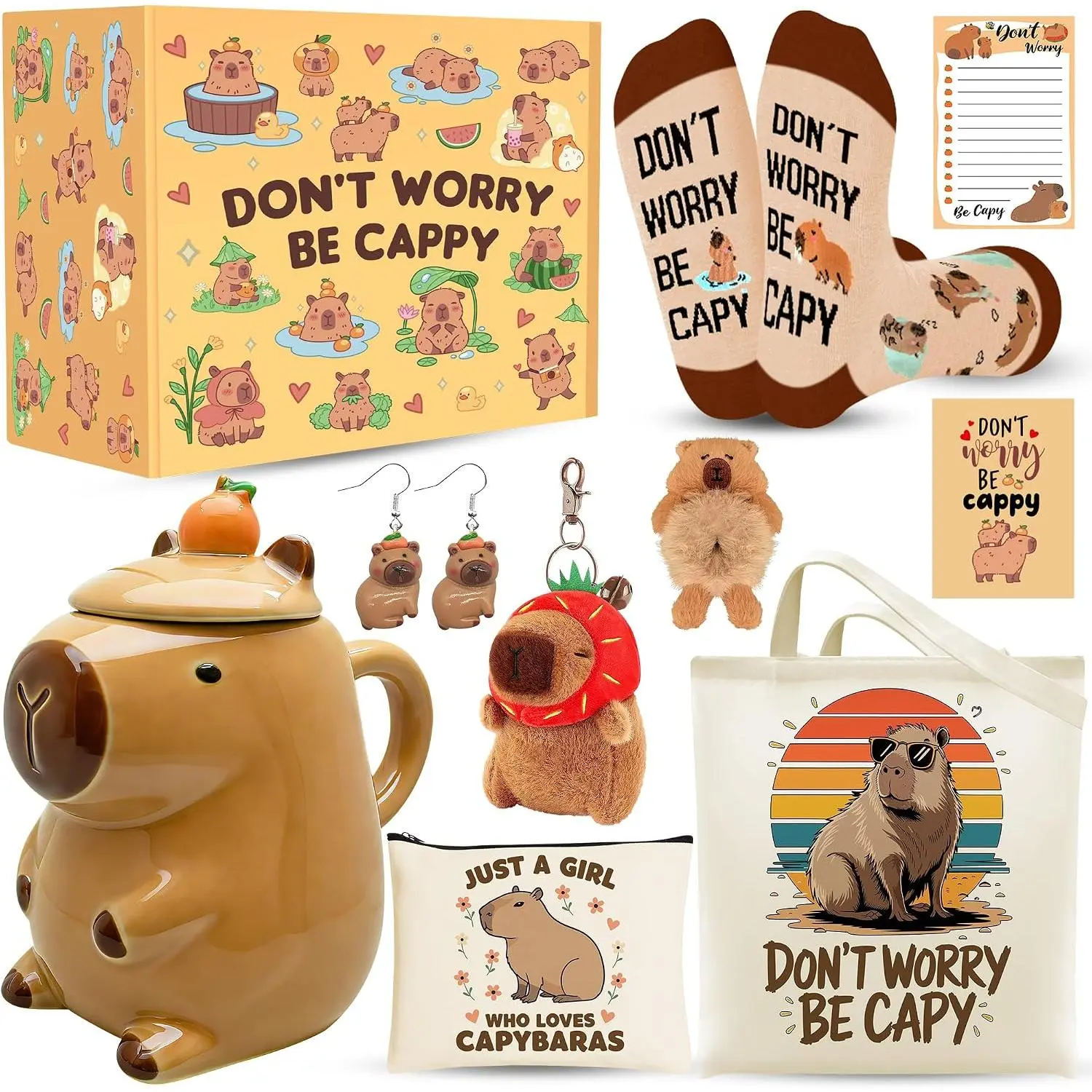 10 count Capybara Gifts for Women, Cute Stuff with 15 Oz Ceramic Cup Tote Bag Makeup Bag Socks Hairband Sticky Notes Earrings Greeting Card for Capybara Lover Birthday Christmas