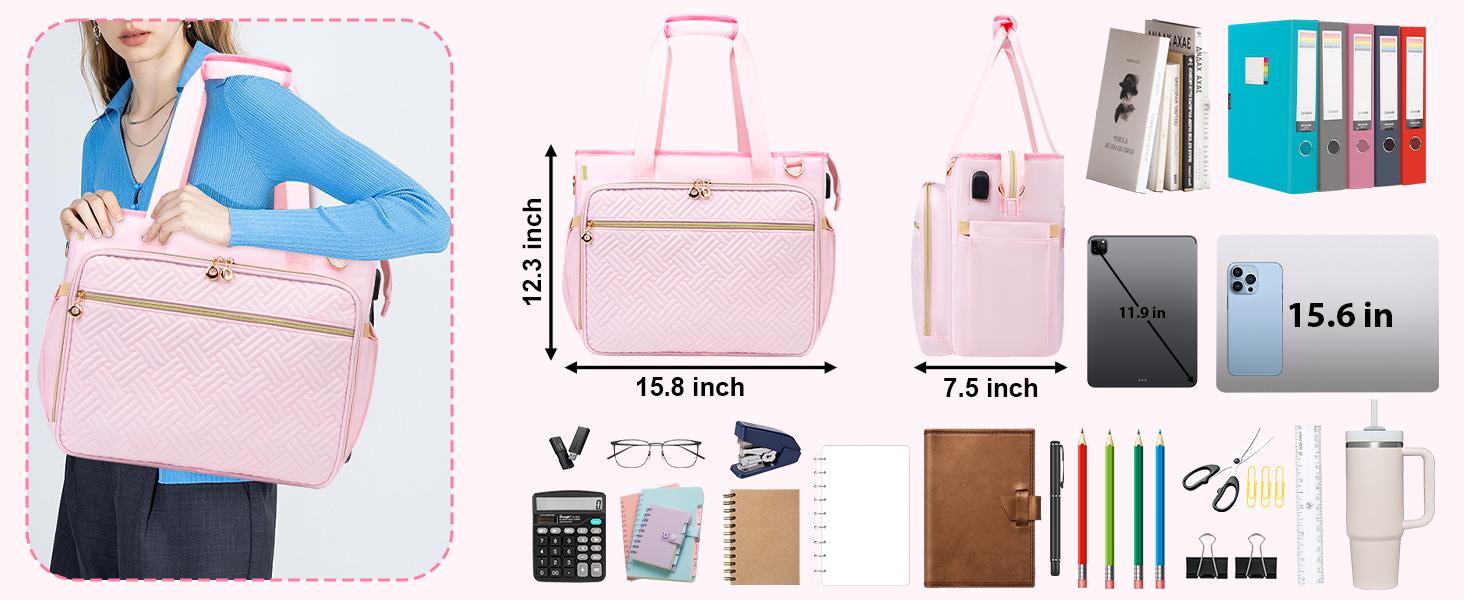 Teacher Tote Bag with Accordion File Organizer Pocket, Soft Nylon Utility Bag with 15.6 inch Laptop Compartment & USB Port, Large Work Tote Bag for Office Supplies Women (Pink)