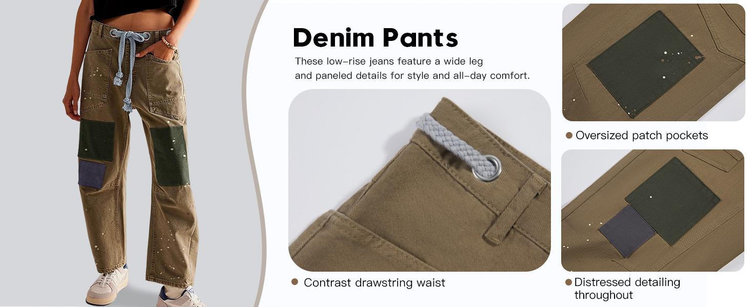 Imily Bela Womens Baggy Barrel Horseshoe Jeans Wide Leg Patchwork Low Rise Denim Pants with Pockets Casual & Formal Style