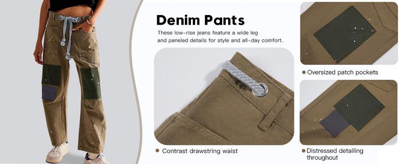 Imily Bela Womens Baggy Barrel Horseshoe Jeans Wide Leg Patchwork Low Rise Denim Pants with Pockets Casual & Formal Style